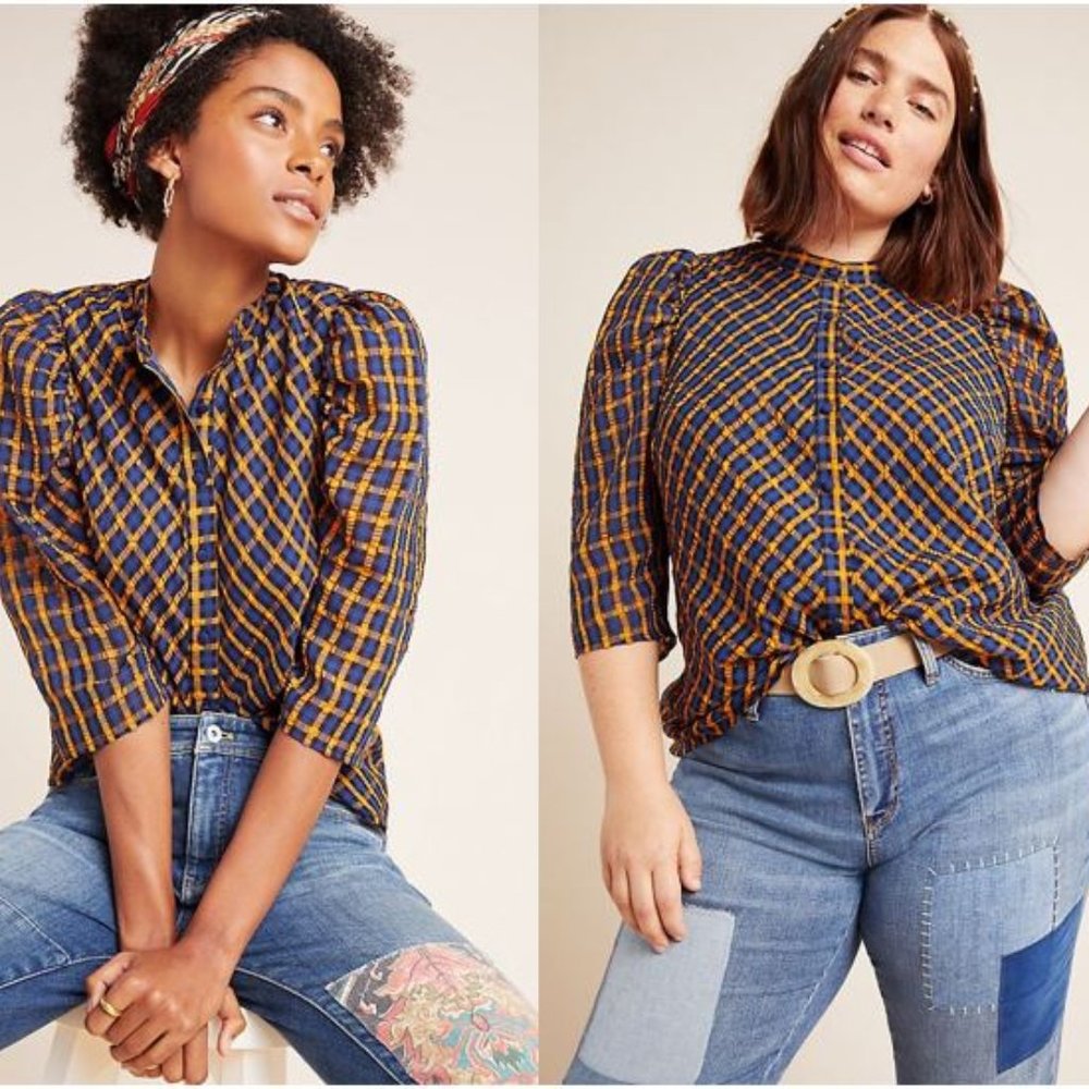 Anthropologie Eva Franco Textured Plaid Blouse, Size 14